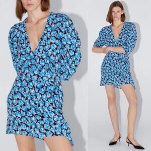 Zara Belted Floral Mini Dress Puff Sleeve Blue Black Purple 1980s Plunge Small